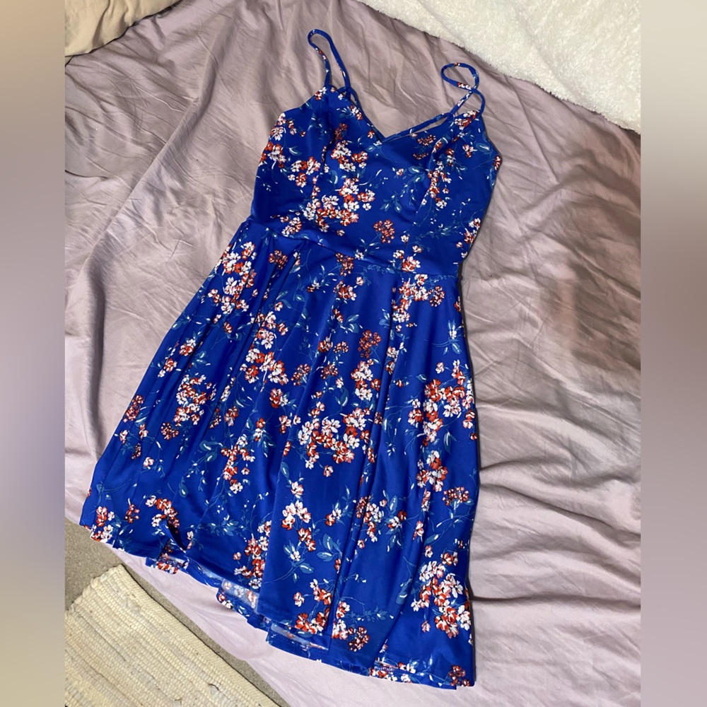 Fortune and Ivy blue and red floral straps cross cross back dress